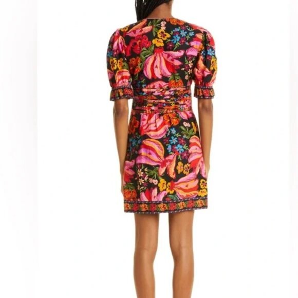 RARE Farm Rio Spring Banana Floral Mini Dress Pleated V-Neck Black XL - Picture 3 of 7